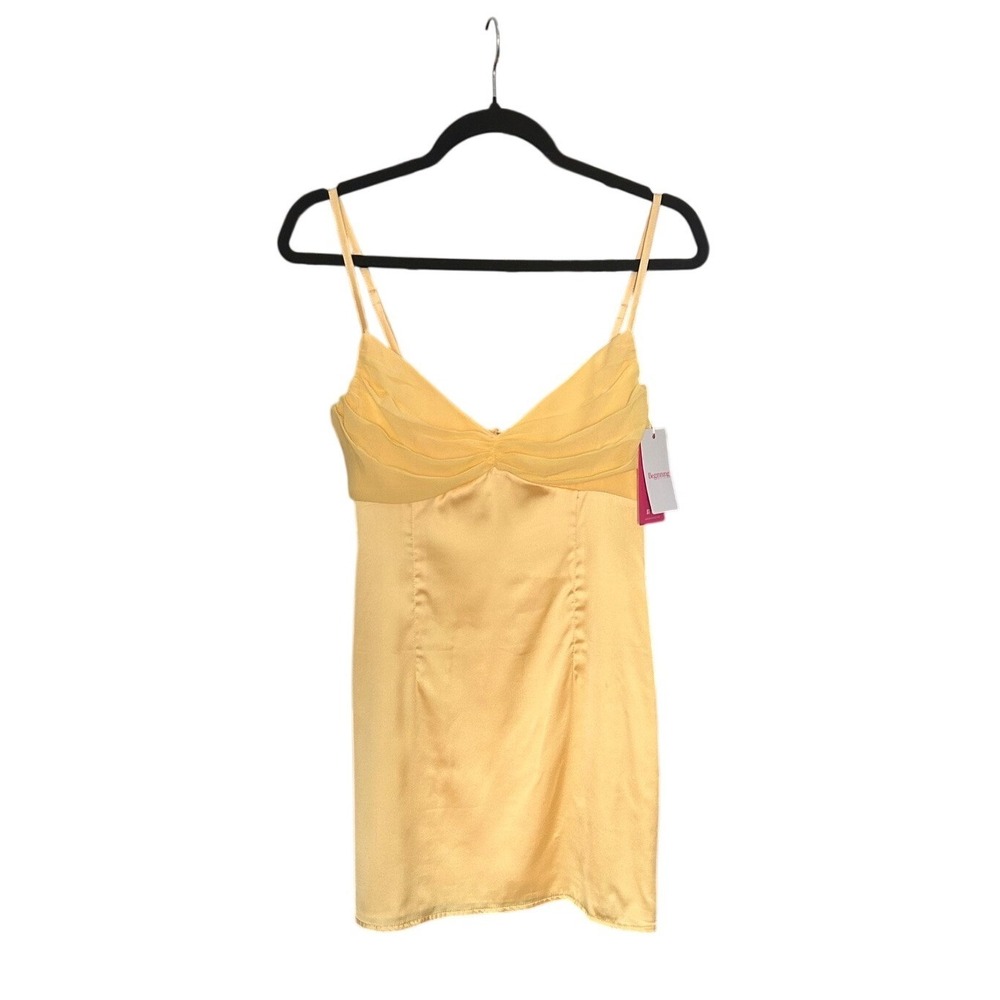 Beginning Boutique Honey Yellow Contrast Mini Dress Satin Ruched Bust US 6 NEW